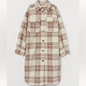 NWOT NEW H&M LONG OVERSIZED WOOL BLEND PLAID SHACKET JACKET CREAM DUSTY ROSE XS
